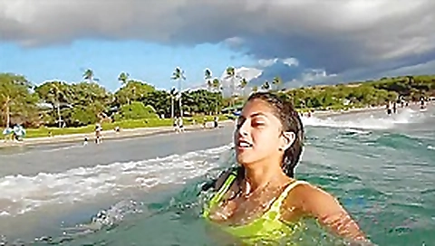 Latin brunette in a neon bikini, Sophia Leone likes to play with cock in the car Latin brunette in a neon bikini, Sophia Leone likes to play with cock in the car